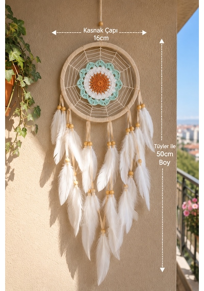 Mint Yeşili Örgü Detaylı Tüylü Düş Kapanı 16 Cm Kasnak Bohem Duvar Dekoru Süsü