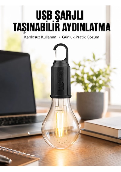 Mey İthalat Şarjlı Dekoratif Kamp Lambası Askılı Ampul Led Işık Type-c Girişli