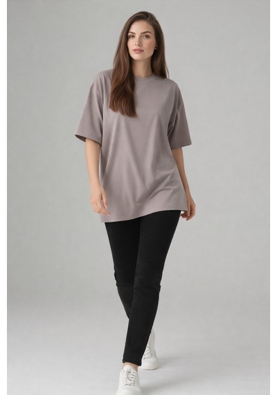 Enva Store Kadın Oversize Fit Yuvarlak Yaka Modal Basic T-shirt Tişört Bej
