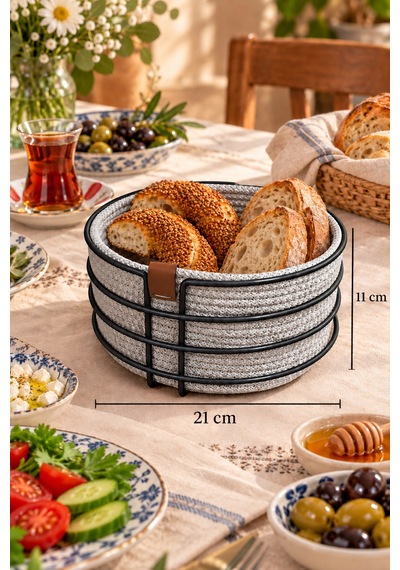 Siyah Yuvarlak Ekmek Sepeti, Ekmeklik Sunum Sepeti, Buz Gri Makrome Çok Amaçlı Paslanmaz Metal Çok Renkli