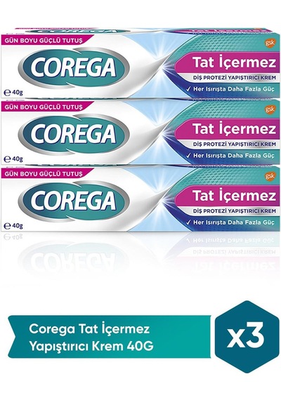 Corega Gün Boyu Güçlü Tutuş Diş Portezi Yapıştırıcı Tat İçermez Krem 40 Gr 3 Adet