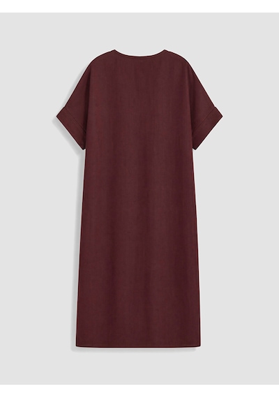 Lcw Everyday Bordo V Yaka %100 Keten Elbise