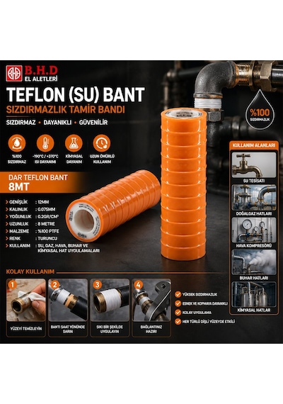 Bhd-00481 Dar Teflon Su Bandı 8 Mt - 12 Mm X 0.075 Mm- 10'li Paket