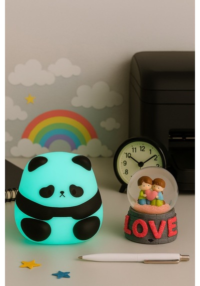2 Li Sevgiliye Romantik Hediye Seti Slikon Panda Renkli Led Gece Lambası Ve 9 Cm Love Kar Küresi Set Pembe