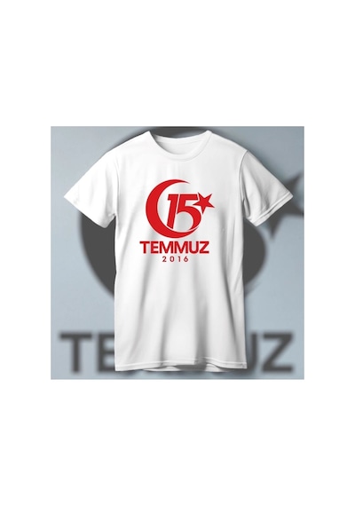 15 Temmuz Demokrasi Ve Milli Birlik 2016 Anma Baskılı Bisiklet Yaka T-shirt - Beyaz