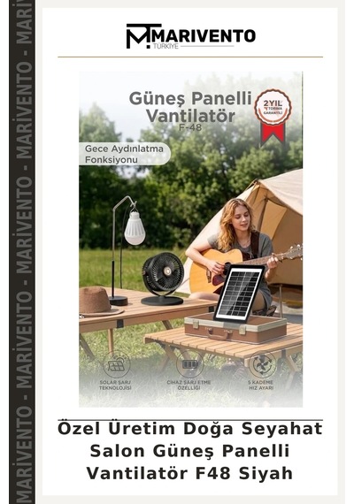 Özel Üretim Doğa Seyahat Salon Güneş Panelli Vantilatör F48 Siyah