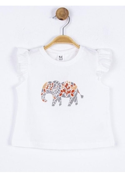 Nk Kids Kız Bebek Pamuklu Taşlı Fil Baskılı Tshirt-15659 Ekru