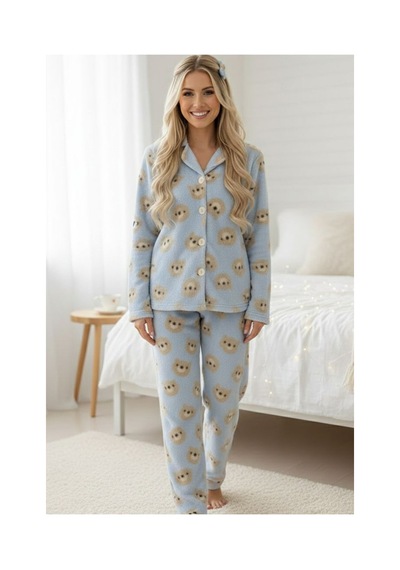 Siyah İnci Düğmeli Wellsoft Pijama Takım 7922 mavi