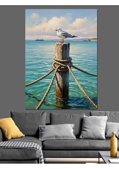 Ahşap Tablo İskele Kazığında Duran Deniz Martısı