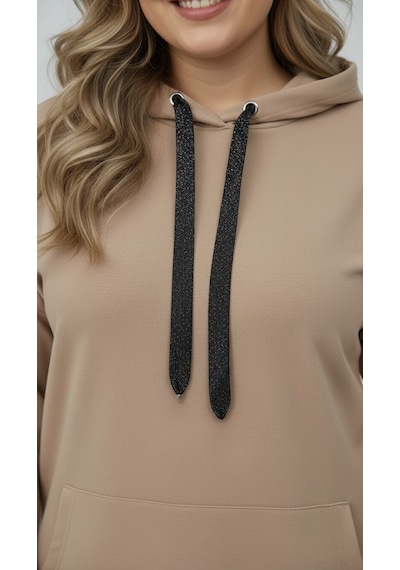 Koza Butik Kadın Büyük Beden Uzun Kollu Kapüşonlu Kanguru Cepli Sweatshirt 2016 Bej