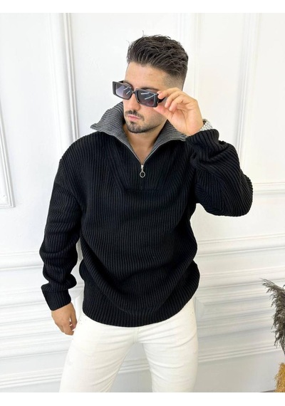 Elku Moda Kazak Dik Yaka Fermuarlı Örme Pamuk Tüylenmeyen Oversize Salaş Tarz Triko Kazak Siyah Elku Moda Kazak Dik Yaka Fermuarlı Örme Pamuk Tüylenmeyen Oversize Salaş Tarz Triko Kazak Siyah