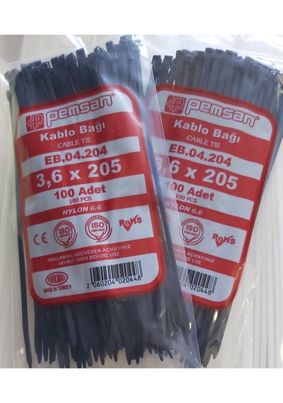 Pemsan 3.6X205 Plastik Cırt Kelepçe Kablo Bağı Siyah 100'Lu Paket