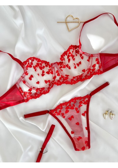 Arinda Love Bouquet Kırmızı Kalp Desenli İşlemeli Brode Kapsız Balenli Bralette Sütyen Tanga Alt Üst Çamaşırı Takımı 2 Parça