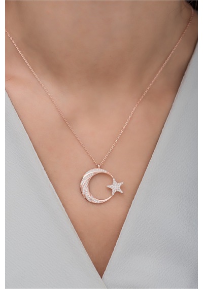 925 Ayar Gümüş Rose Zirkon Taşlı Ayyıldız Kolye Rose Gold
