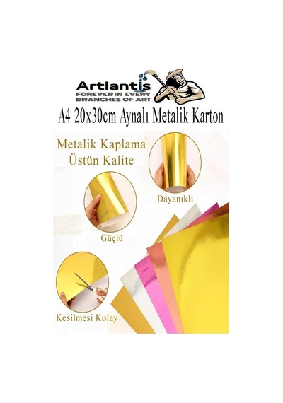 Artlantis Metalik Aynalı Fon Kartonu A4 10 Renk 20x30 Cm 1 Paket Okul Sınıf Dekoratif Pırıltılı Folyo Kağıt Genel