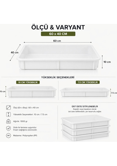 60x40 Cm Kapaksız Profesyonel Pizza Hamur Tepsisi 7.5 Cm Yükseklik Pp Gıda Uyumlu Hamur Teknesi Beyaz