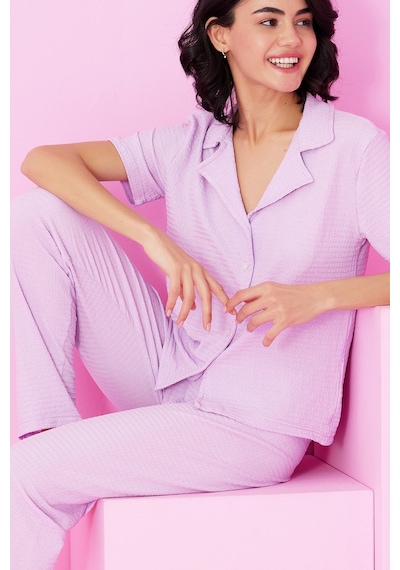 Siyah İnci Bürümcük Krınkıl Kumaş Örme Düğmeli Pijama Takım7873 Lila