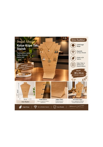 Ahşap Kolye Takı Standı 38x24 Cm Bujiteri Kolyelerinizi Düzenler Kolay Kullanım Sağlar