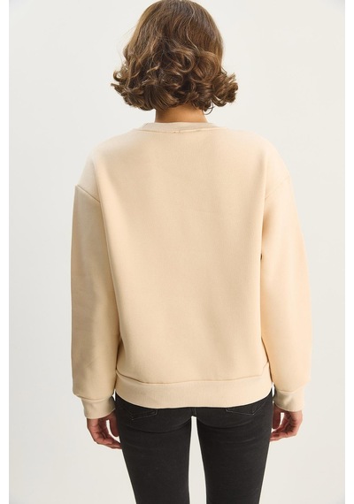 Shade Kadın Bisiklet Yaka Çiçek Nakışlı Üç İplik Şardonlu Sweatshirt 60601045 - Bej
