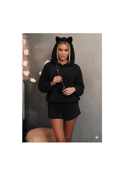 Butik İstanbul Kadın Uzun Kollu Kapşonlu Peluş Bluz Ve Kısa Short Ikili Takım Siyah