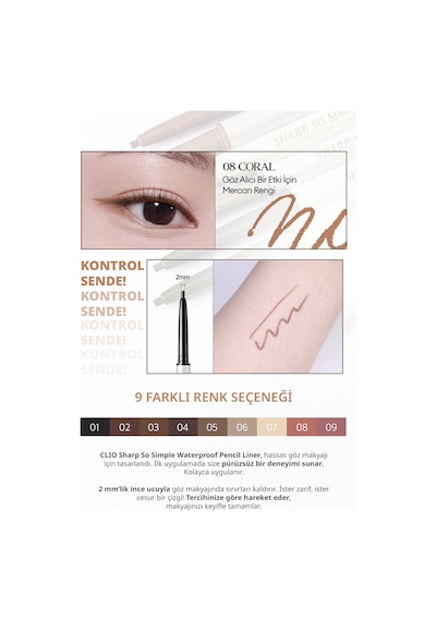 Suya Dayanıklı, İnce Uçlu Göz Kalemi Clıo Sharp So Simple Waterproof Pencil Liner 008 Coral 08