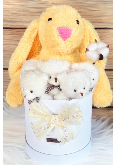 Özel Kutuda, Sarı Jellycat Tavşan, 5 Beyaz Ayıcık Pamuk Çiçeği Dokunuşlu, Özel Ayıcık Buketi