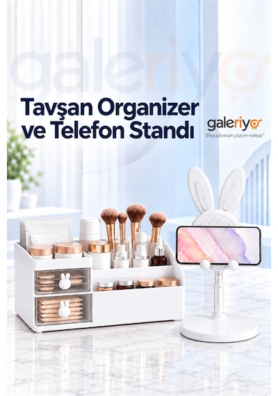 Tavşan Kulplu Makyaj Organizeri & Tavşan Figürlü Telefon Tablet Standı İkili Set Beyaz Beyaz Açık Beyaz
