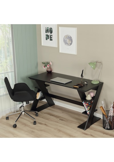 Pasific Home Lungo Raflı Çalışma Masası, Ofis Masası, 60X140 Cm, Siyah