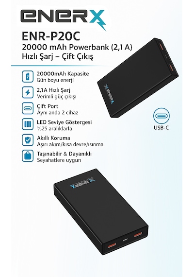 Enerx Enr-p20c 20.000 Mah 2.1a 2xusb 1xtypec Powerbank Siyah