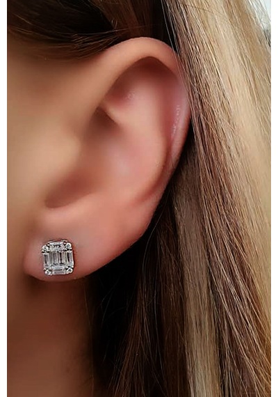Dikdörtgen Minimal Baget Kesim Swarovski Taşlı Gümüş Tek Taş Küpe