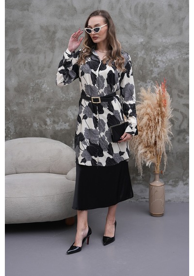Polologin Butik Siyah Beyaz Yaprak Desenli Gömlek Tunik Siyah & Beyaz