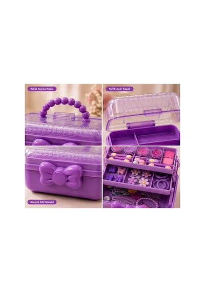 Çocuk Takı Ve Toka Organizeri Otomatik Açılır Katlı Düzenleyici Kutu 27x15x15 Cm Pembe Taşınabilir Çok Bölmeli Saklama Çantası Mor