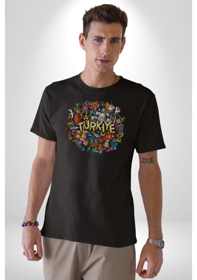 Turkiye Özel Karakterleri Unisex Unisex Siyah Organik Baskılı T-shirt Penye Yüksek Kalite Siyah