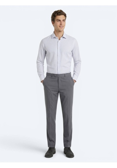 Kip Gri Çizgili Regular Fit Uzun Dokuma Casual Pamuk Karışımlı Gömlek