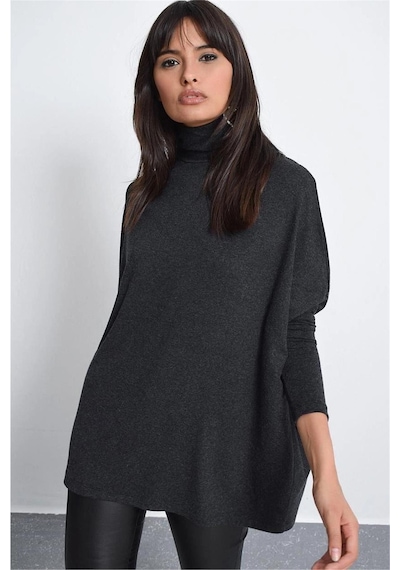 WeShaya Kadın Antrasit Yeni Moda Uzun Kol Oversize Kesim Basic Örme Bluz Antrasit