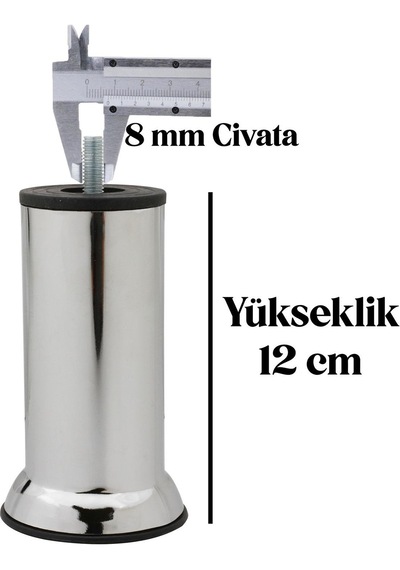Mobilya, Kanepe, Koltuk, Baza, Çekyat, Dolap Yükseltme Ayağı M8 Ince Diş Krom Ayak 12cm 4 Adet Krom