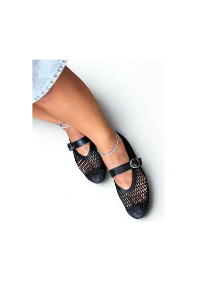 Ne&ve Shoes Siyah File Simli Tokalı Yuvarlak Burunlu Kadın Günlük Rahat Ve Şık Babet