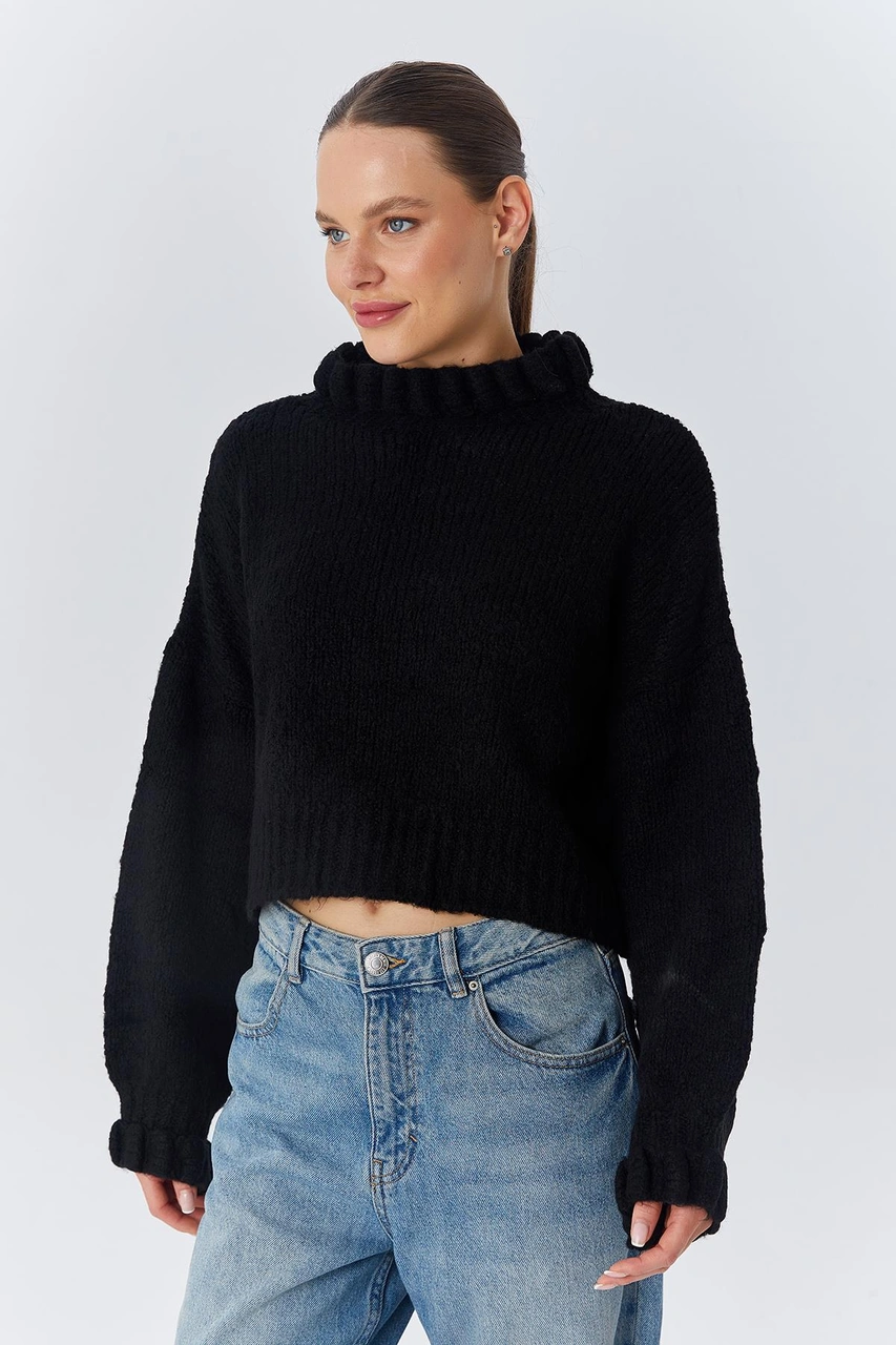 Mixray 6883 Kadın Fırfır Detay Crop Triko Kazak Siyah