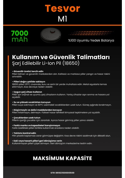 Tesvor M1 Uyumlu Lityum İyon Robot Süpürge Bataryası - Maksimum Kapasite 7000mah