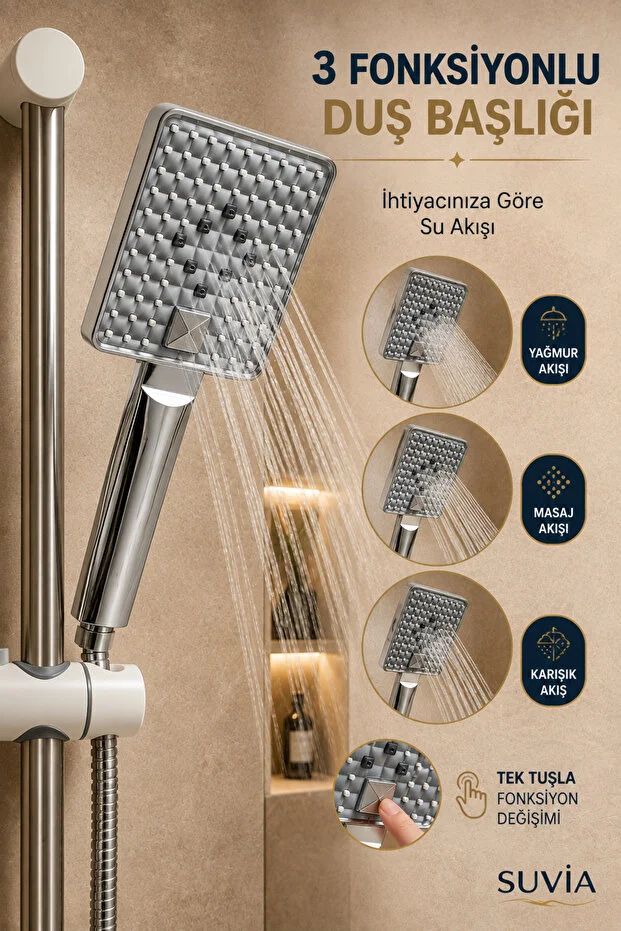 Sürgülü Duş Seti 3 Fonksiyonlu Başlık 150 Cm Hortum Duş Sistemi Beyaz - Mavi