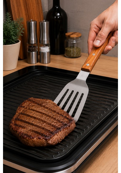 Japon Spatulası Bıçaklı Ve Delikli - Profesyonel 304 Kalite - Teppanyaki Stil Spatula - Ahşap Akasya Saplı - Hem Dekoratif Hem Pratik Çelik