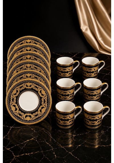 6 Kişilik Siyah Gold Türk Kahvesi Fincan Takımı 12 Parça Lüks Desenli Set Siyah - Gold