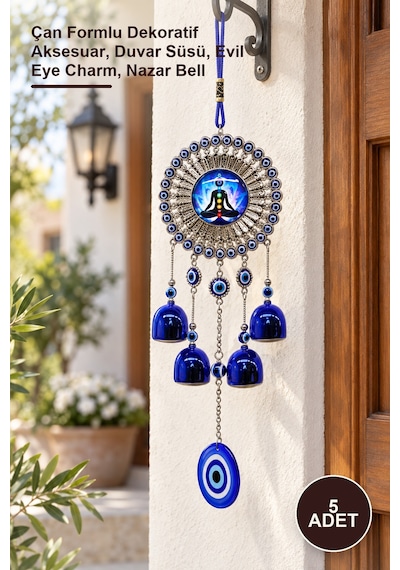 5 Adet Metal Nazar Boncuğu Çan Formlu Dekoratif Aksesuar, Duvar Süsü, Evil Eye Charm, Nazar Bell