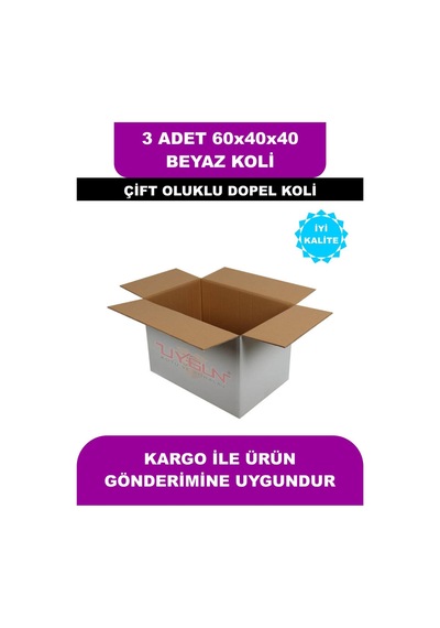 3 Adet 60x40x40 Beyaz Çeyiz Kolisi, Taşıma Kolisi, Boş Karton Koli, Çift Oluklu