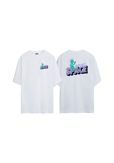 Thewert Unisex Greetings From Space Ön Arka Baskılı Beyaz Oversize T-shirt