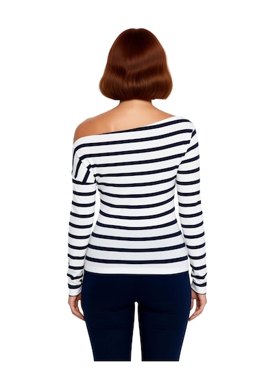 Ersefa Moda Kayık Yaka Örme Slim Çizgili Desen Casual Günlük Regular Uzu Lacivert