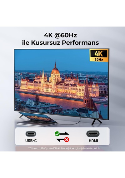 Lexroo Usb-c To Hdmı Kablo, 2 Metre, 4k60hz, 18gbps, Type-c To Hdmı Görüntü Kablosu Standart