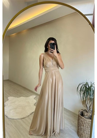 Neşeli Butik Kadın Drapeli Işıltılı Kalın Askılı Abiye Elbise Nm003 Sarı