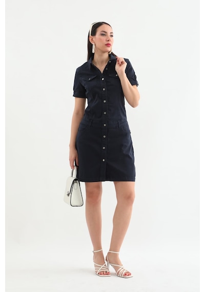 Blue White Kadın Koyu Siyah Düğmeli Jean Elbise D-28 Siyah Xs