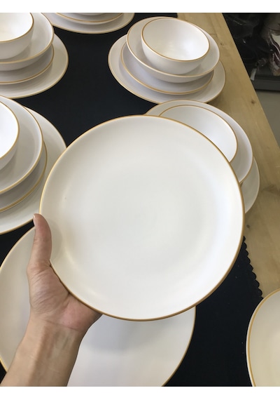 Keramika Mat Beyaz El Dekor Altın 24 Parça 6 Kişilik Yemek Takımı